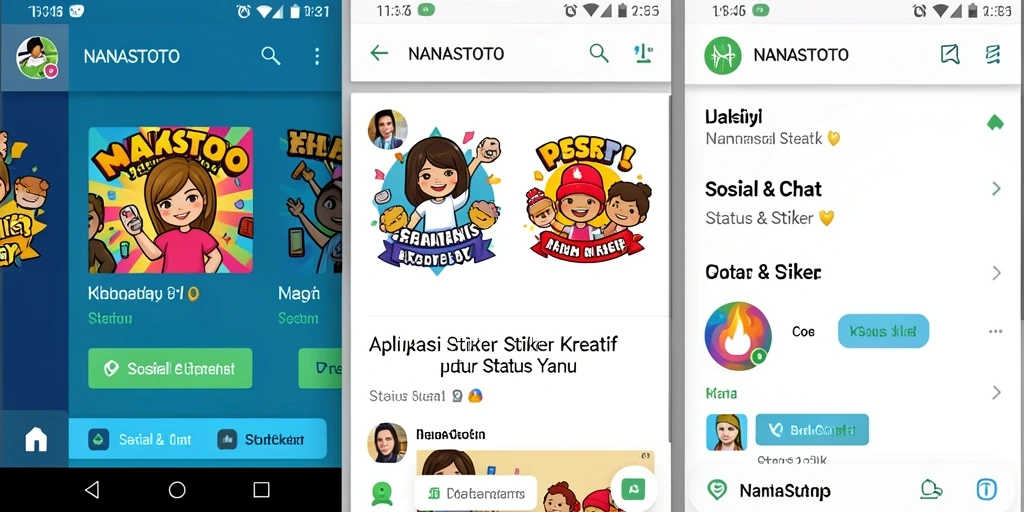 Screenshot antarmuka aplikasi NANASTOTO dengan koleksi stiker menarik.